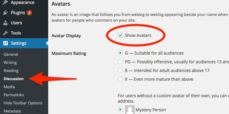 WordPress Settings Discussion Avatars